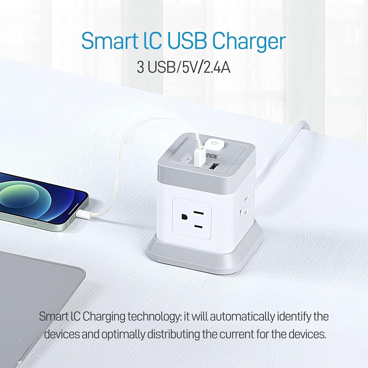 Power Strip with USB, Flat Plug Extension Cord with 4 Outlets and 3 USB(1 USB C), 5 FT Power Cord Desktop Charging Station, Overload Protection, Compact Portable for Travel Home Office